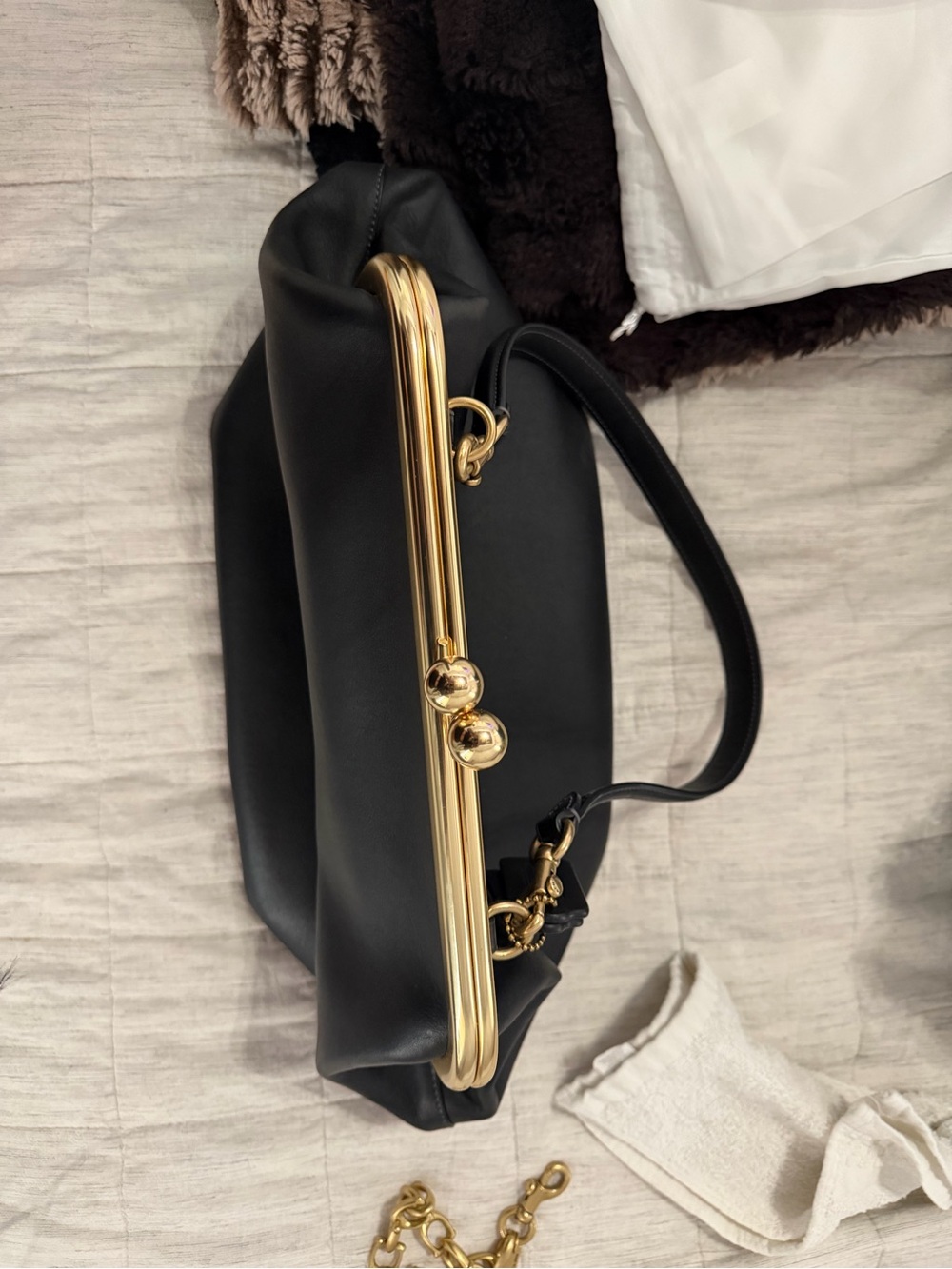 Coach Black Leather Frame Shoulder Bag with Gold Chain - Picture 6 of 9
